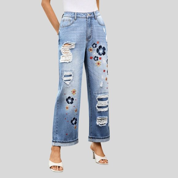 Distressed Embroidered High Waist Denim Ankle Jeans Blue - Picture 3 of 4
